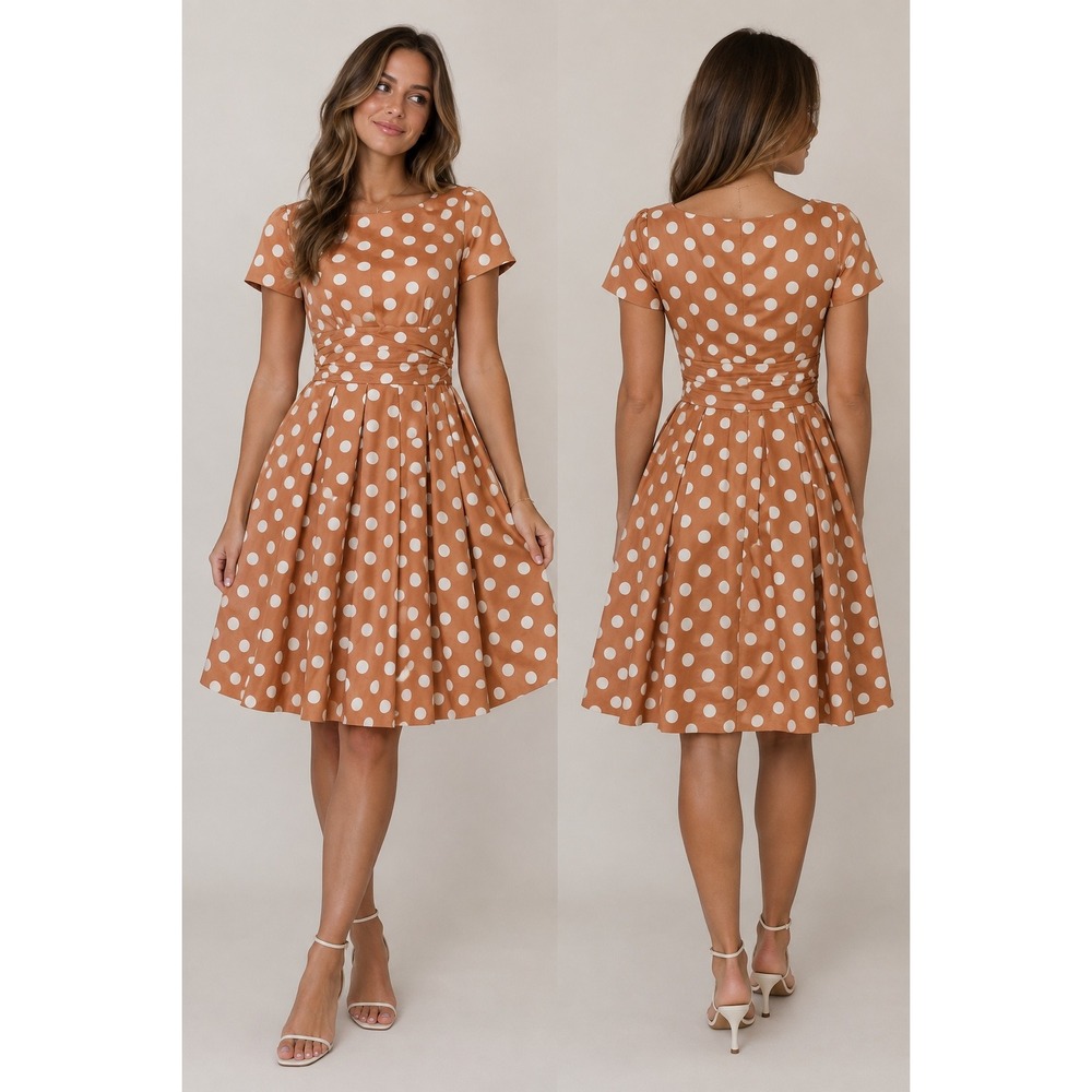Vintage 1950s Polka Dot Dress Copper Orange Fit Flare Rockabilly Mid Century